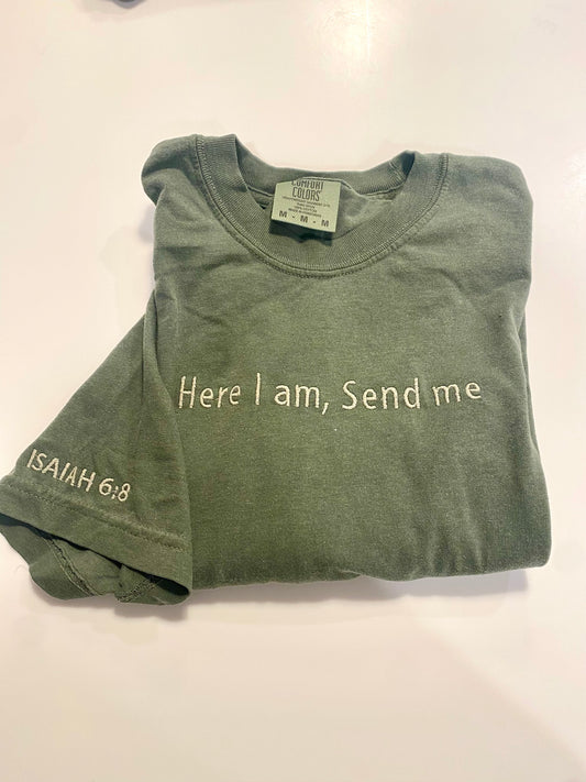 Here I am send me embroidered shirt sleeve tshirts with scripture on the sleeve - green